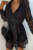 Casual Solid Lace Turndown Collar Waist Skirt Dresses