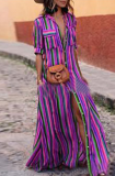 Casual Striped Patchwork Turndown Collar Printed Dress Dresses