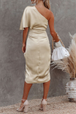 Elegant Solid Patchwork Fold Oblique Collar Evening Dress Dresses