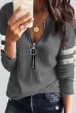 Casual Striped Patchwork Zipper Zipper Collar Tops