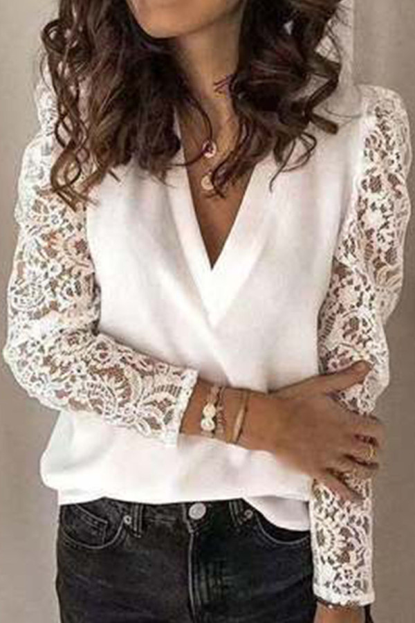 Fashion Street Solid Patchwork V Neck Tops