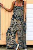 Fashion Print Patchwork Square Collar Loose Jumpsuits