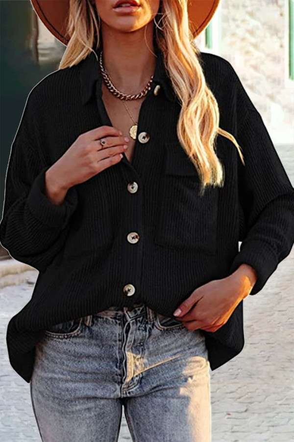 Fashion Casual Solid Pocket Turndown Collar Tops
