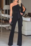 Casual Solid Patchwork One Shoulder Regular Jumpsuits