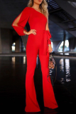 Casual Solid Patchwork One Shoulder Regular Jumpsuits