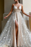 Elegant Solid Sequins Patchwork Spaghetti Strap Evening Dress Dresses