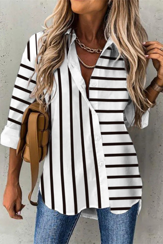 Casual Striped Patchwork Shirt Collar Tops