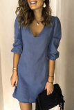 Fashion Casual Solid V Neck Denim Dress Dresses
