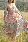 Fashion Bohemian Print Patchwork V Neck Printed Dresses