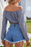 Street Plaid Buckle Off the Shoulder Tops
