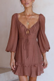 Brown Lantern Sleeve Lace Open Back Design Dress