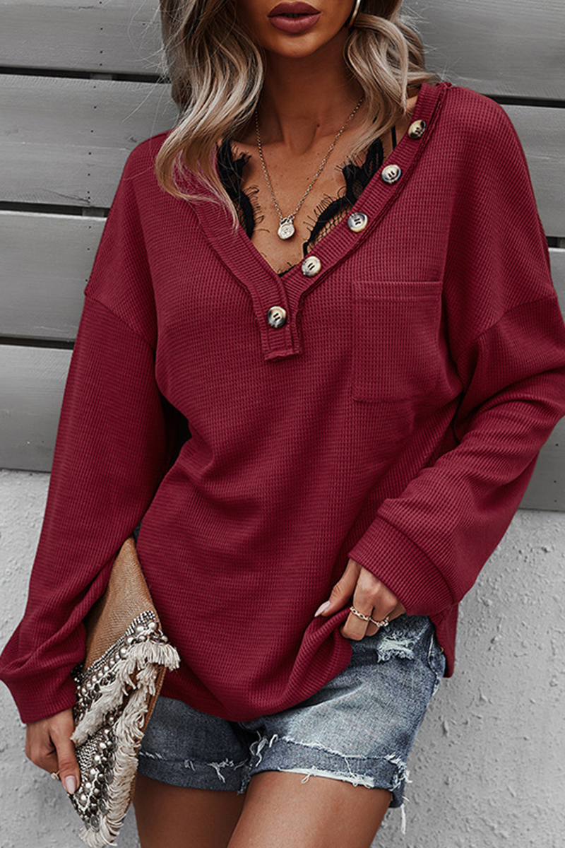 US$ 15.99 - Casual Solid Pocket Buckle V Neck Tops - www.shycoo.com