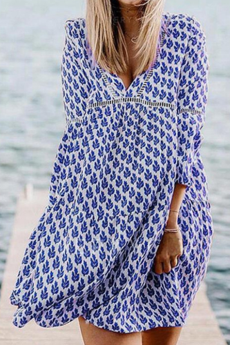 Casual Print Split Joint Basic V Neck A Line Dresses