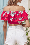 Casual Floral Patchwork Flounce Strapless Tops