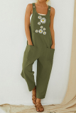 Casual Print Pocket Buttons U Neck Straight Jumpsuits