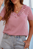 Casual Striped Patchwork Flounce V Neck Tops
