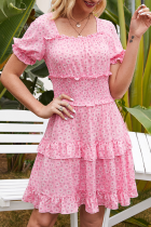 Casual Floral Split Joint Flounce Square Collar A Line Dresses