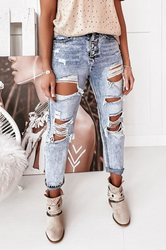 Street Solid Ripped Hollowed Out Regular Denim Jeans