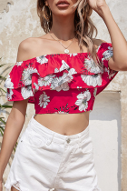 Casual Floral Split Joint Flounce Strapless Tops