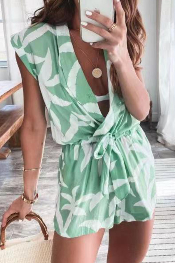 Fashion Casual Print Patchwork V Neck Loose Jumpsuits