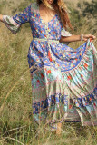 Fashion Bohemian Print Patchwork V Neck Printed Dresses