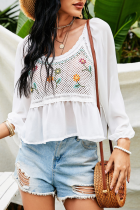 Sweet Patchwork Embroidered Hollowed Out O Neck Tops