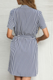 Elegant Striped Buckle With Belt Turndown Collar A Line Dresses