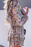 Fashion Elegant Print Patchwork Flounce O Neck Waist Skirt Dresses