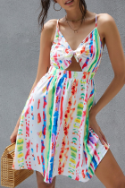 Sweet Vacation Tie Dye Hollowed Out With Bow V Neck A Line Dresses
