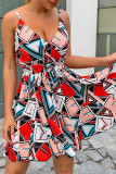 Fashion Street Print Patchwork V Neck Waist Skirt Dresses
