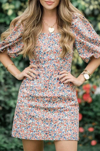 Elegant Floral Split Joint Square Collar A Line Dresses