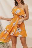 Fashion Street Print Split Joint One Shoulder Irregular Dresses