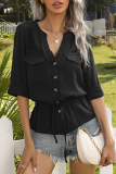 Fashion Casual Solid Draw String Buckle V Neck Tops