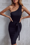 Fashion Elegant Solid With Belt Oblique Collar Wrapped Skirt Dresses