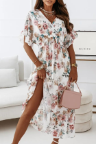 Fashion Elegant Floral Split Joint Flounce V Neck Dresses