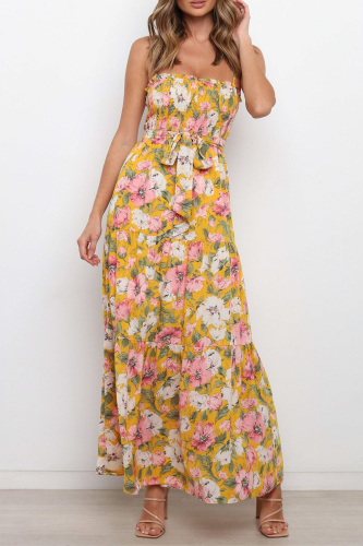 Elegant Floral Fold With Belt Strapless A Line Dresses