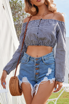 Street Plaid Buckle Off the Shoulder Tops