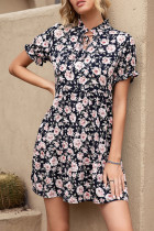 Fashion Elegant Print Split Joint Mandarin Collar A Line Dresses