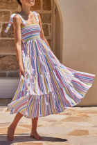 Vacation Striped Split Joint Strap Design Strapless Cake Skirt Dresses