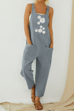 Casual Print Pocket Buttons U Neck Straight Jumpsuits