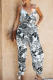 Casual Street Print Solid Draw String Backless V Neck Regular Jumpsuits