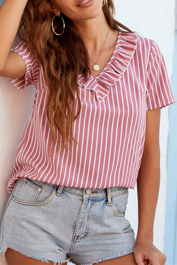 Casual Striped Patchwork Flounce V Neck Tops