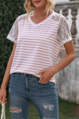 Casual Striped Split Joint Mesh V Neck T-Shirts