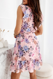 Fashion Elegant Floral Flounce With Belt V Neck A Line Dresses
