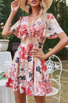 Fashion Elegant Floral Hollowed Out Knotted V Neck A Line Dresses