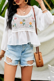 Sweet Patchwork Embroidered Hollowed Out O Neck Tops