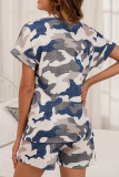 Fashion Casual Camouflage Print Split Joint V Neck Short Sleeve Two Pieces