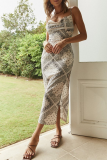 Fashion Elegant Print Backless Slit Dresses