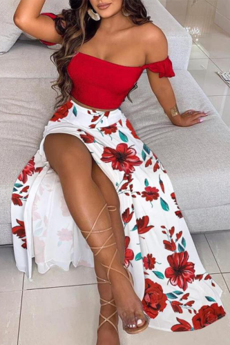 Elegant Floral Polka Dot Slit Off the Shoulder Short Sleeve Two Pieces