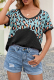 Fashion Casual Leopard Patchwork V Neck T-Shirts